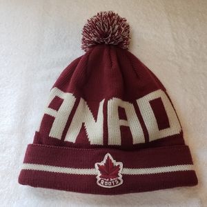 Roots Maroon and Cream Knit Hat with Pom-Pom